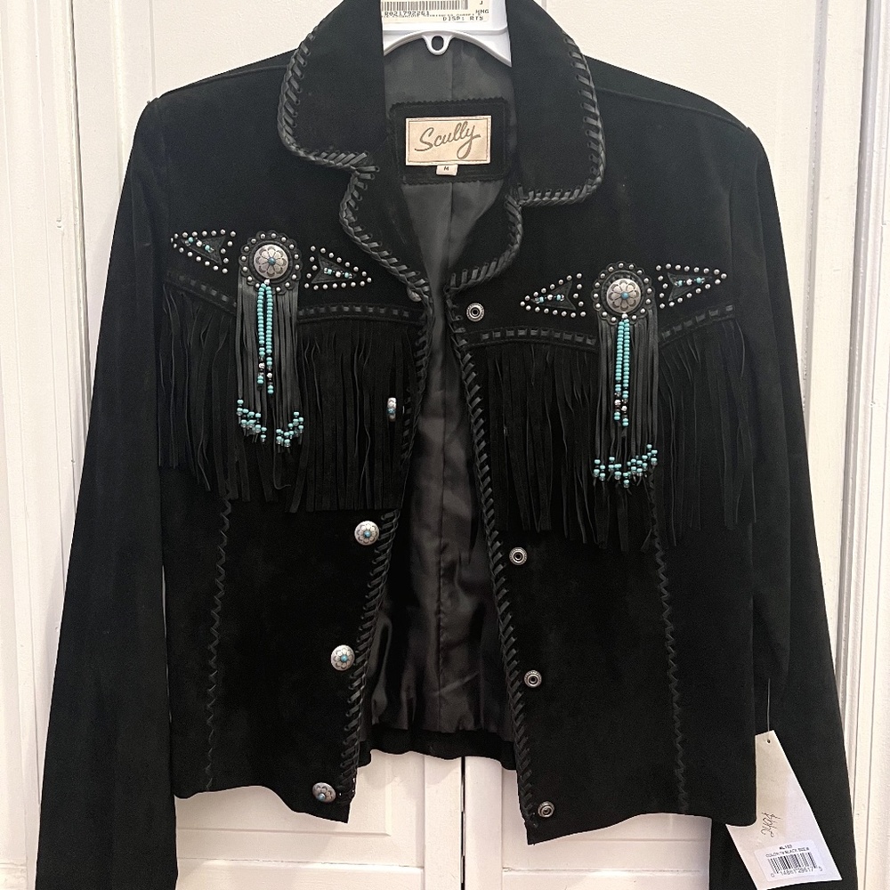 Scully Black Leather Jacket Fringe Beads Silver Turquoise